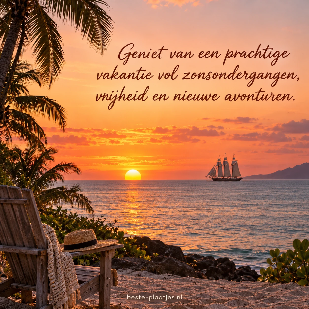 Een zeilschip vaart tijdens een gouden zonsondergang langs palmen en een rustige kust.