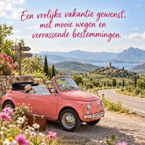 Een roze klassieke cabriolet staat tussen bloemen naast een slingerende bergweg.