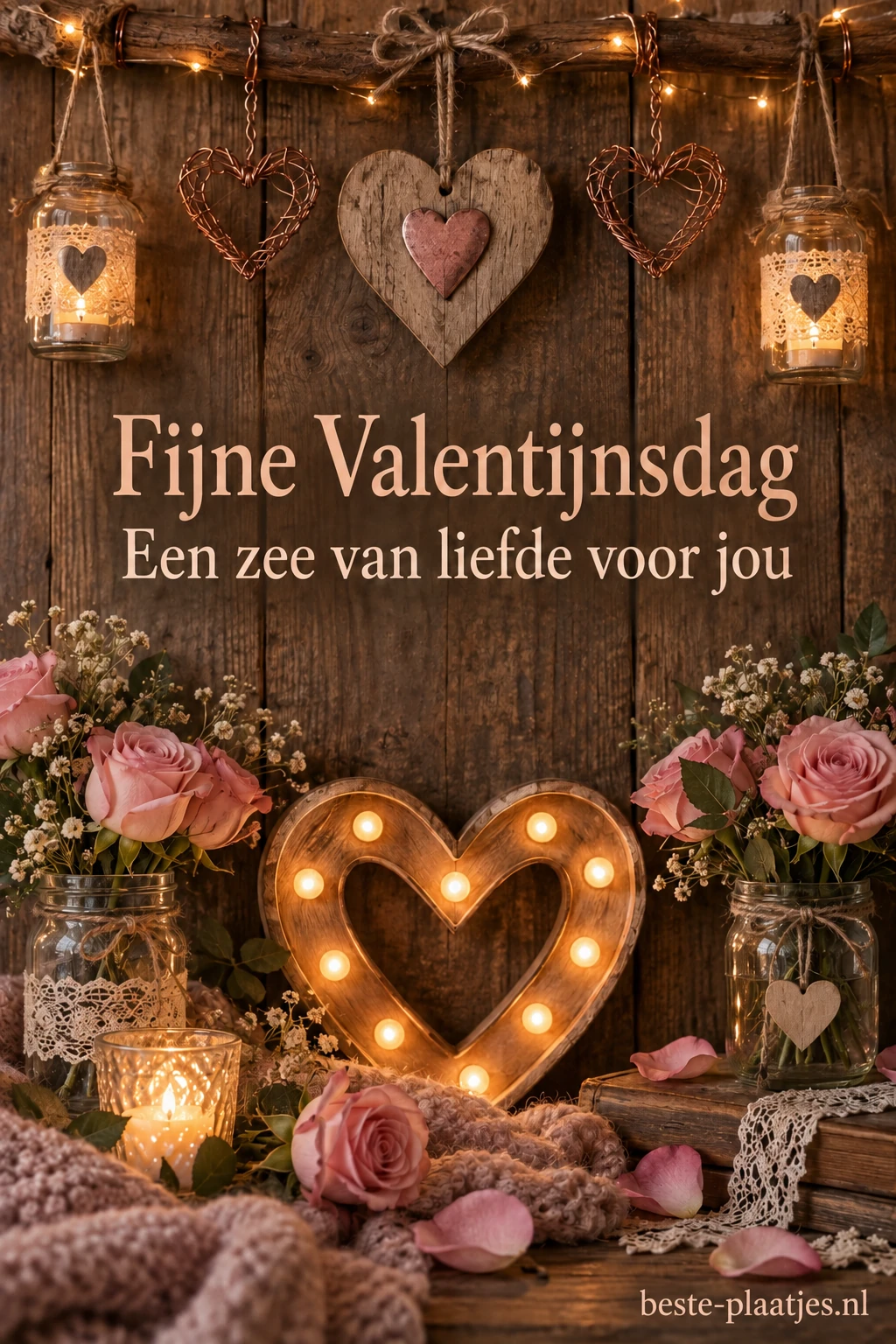 Warme lichtletters en bloemen staan voor een rustieke houten wand.