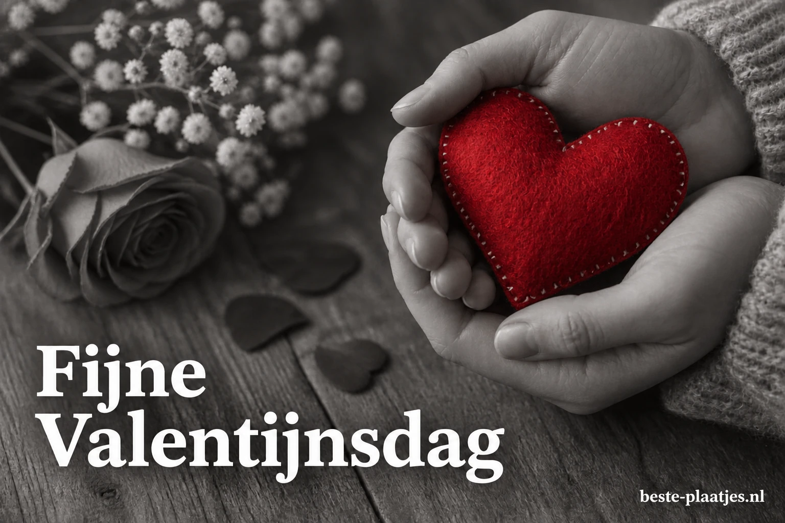Een hand houdt een rood stoffen hart vast tegen een zwart-witte achtergrond.