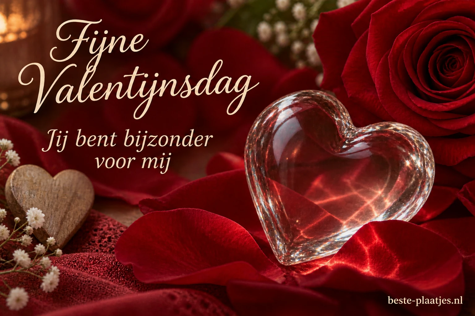 Een glazen hart staat tussen rijke rode rozen.