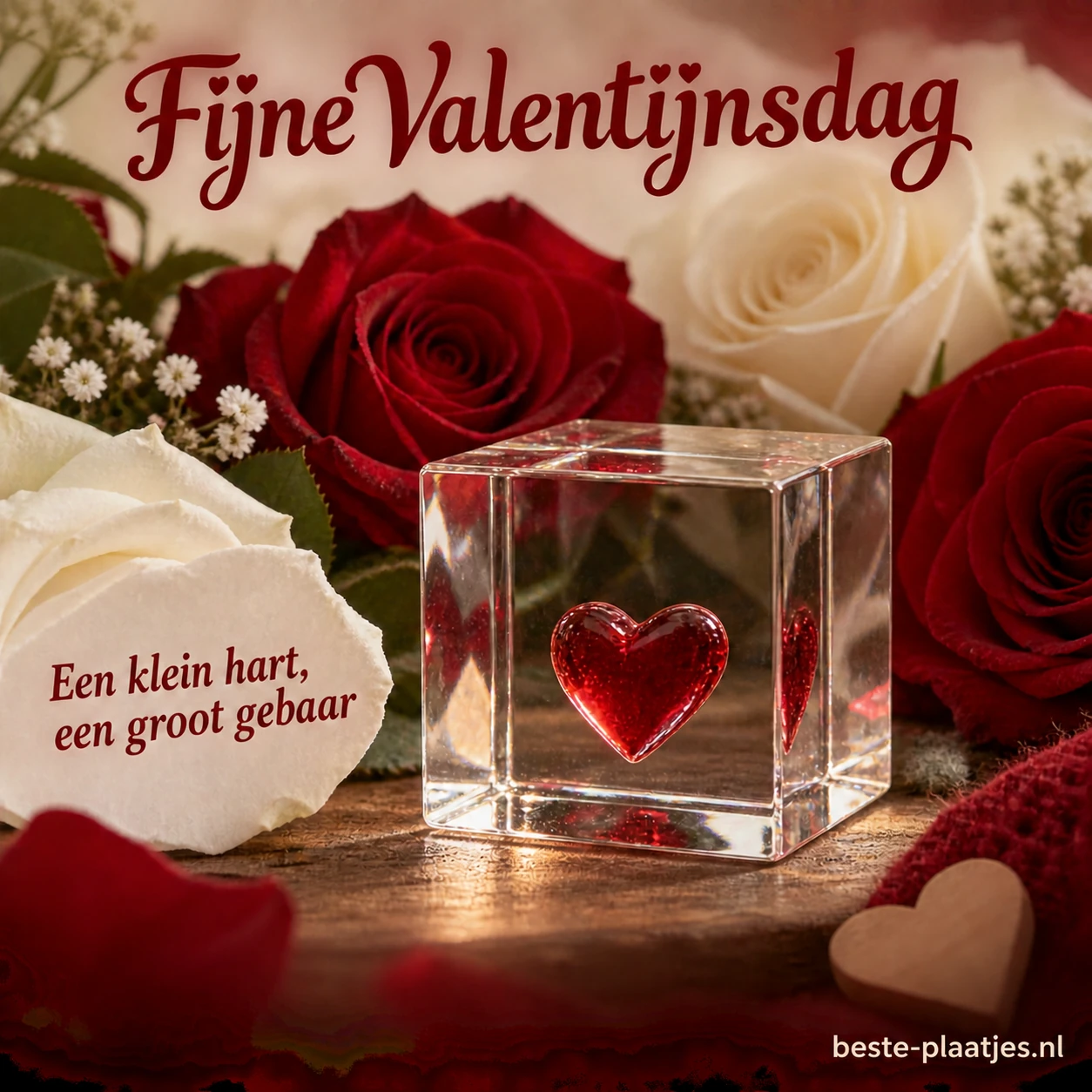 Een glazen blokje met een rood hart staat tussen rode en witte rozen.