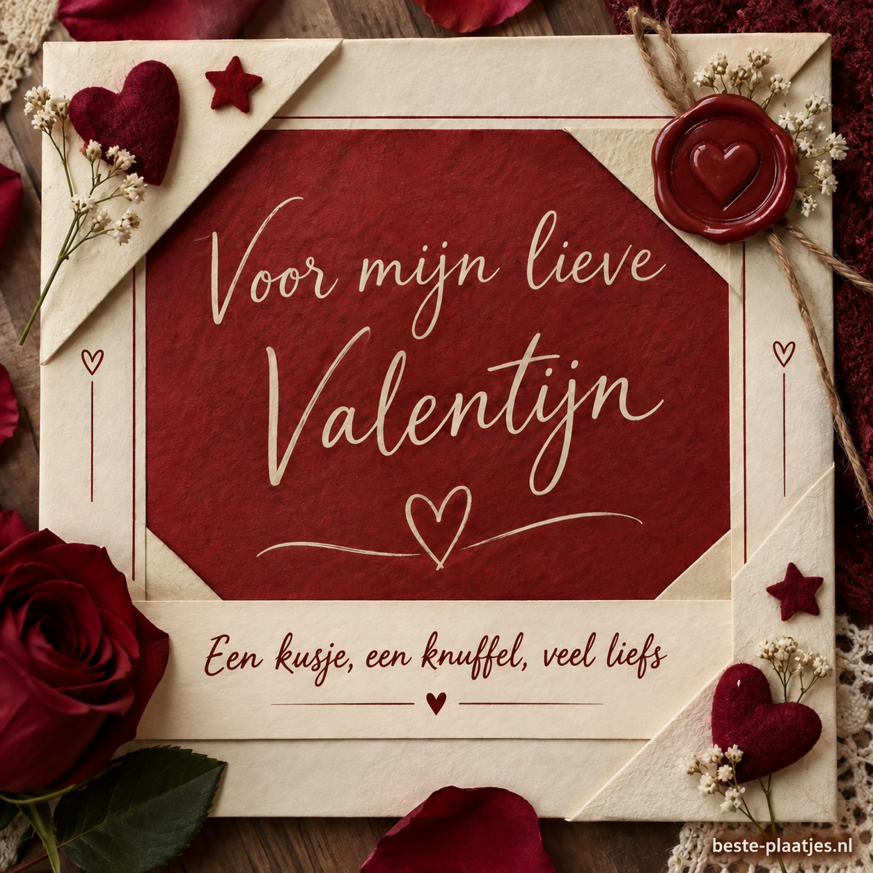 Een warme collage combineert lieve woorden met kleine hartjes.