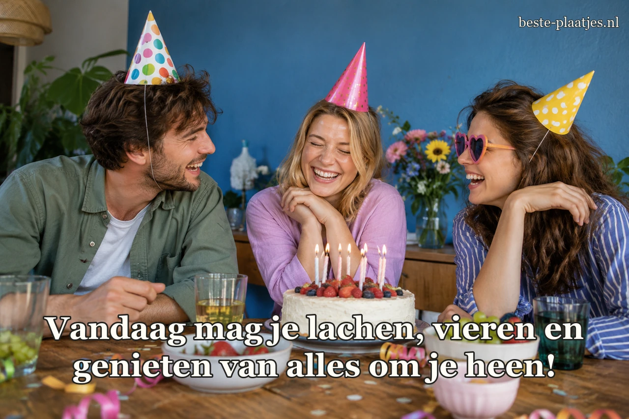 Drie vrienden lachen samen aan een tafel met verjaardagstaart.