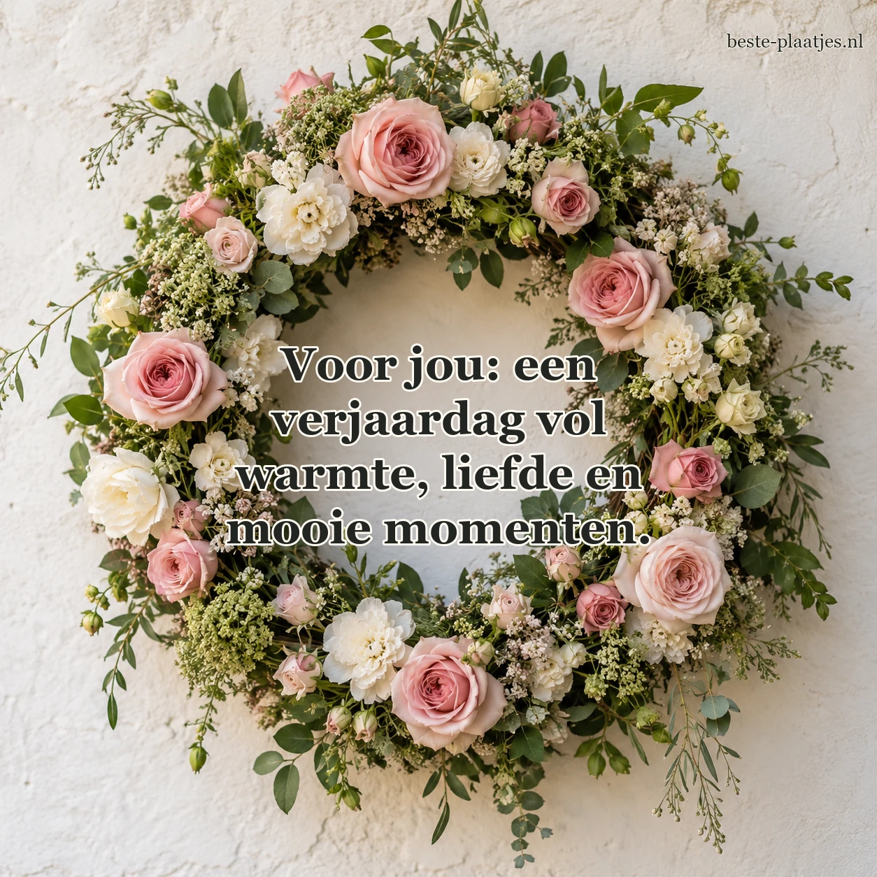 Een krans van rozen en witte bloemen hangt tegen een lichte muur.