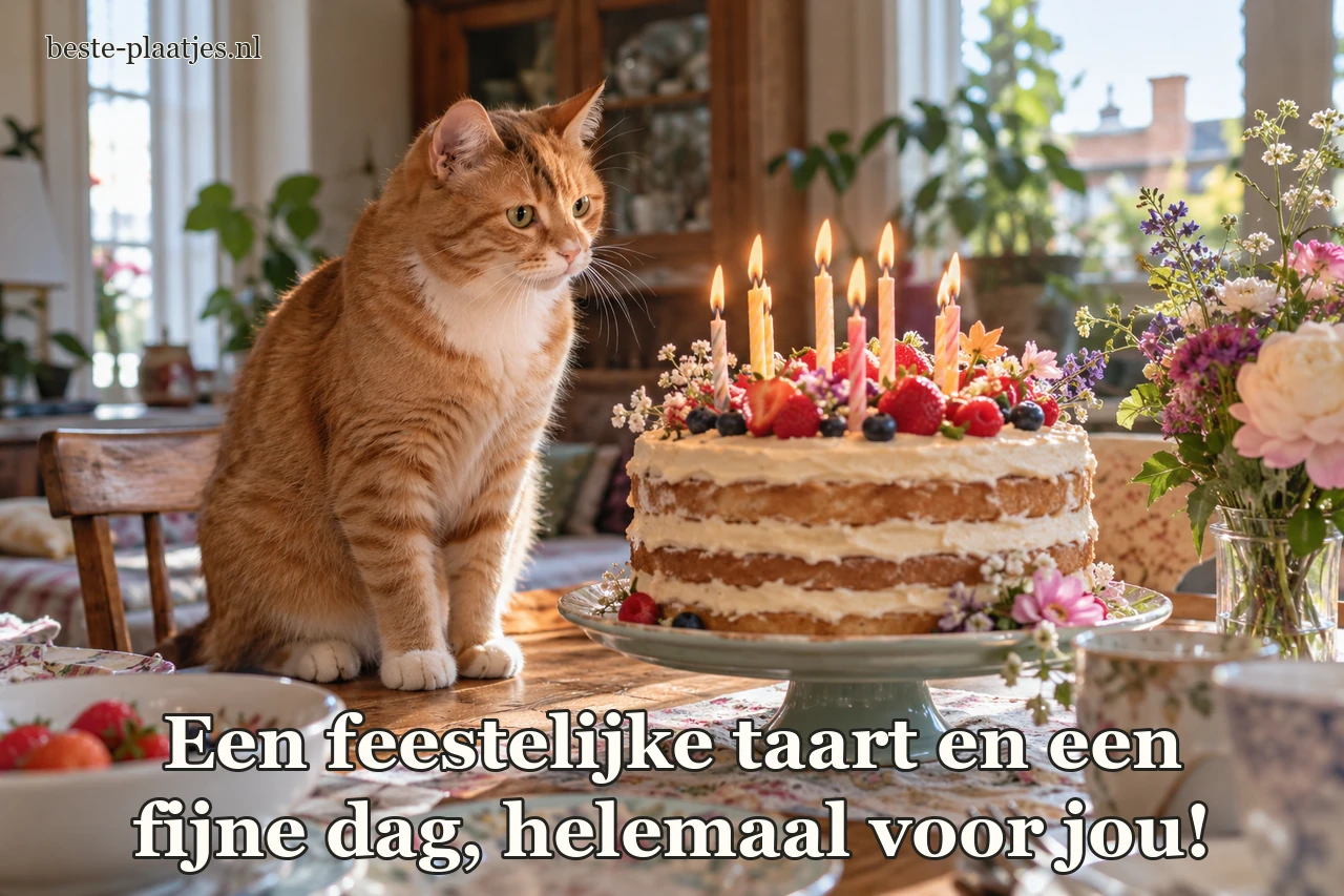 Een oranje kat zit nieuwsgierig naast een taart met kaarsen.