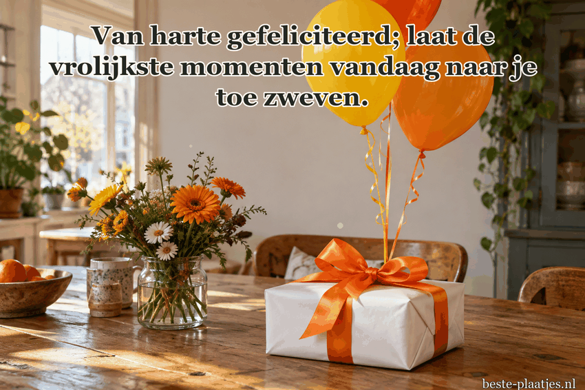 Gele en oranje ballonnen zweven boven een ingepakt cadeau.