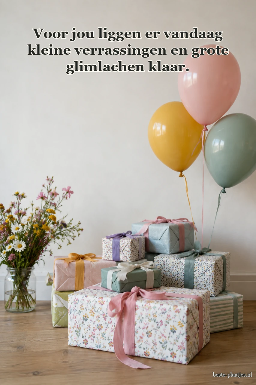 Pastelkleurige cadeaus staan onder drie ballonnen bij een lichte muur.