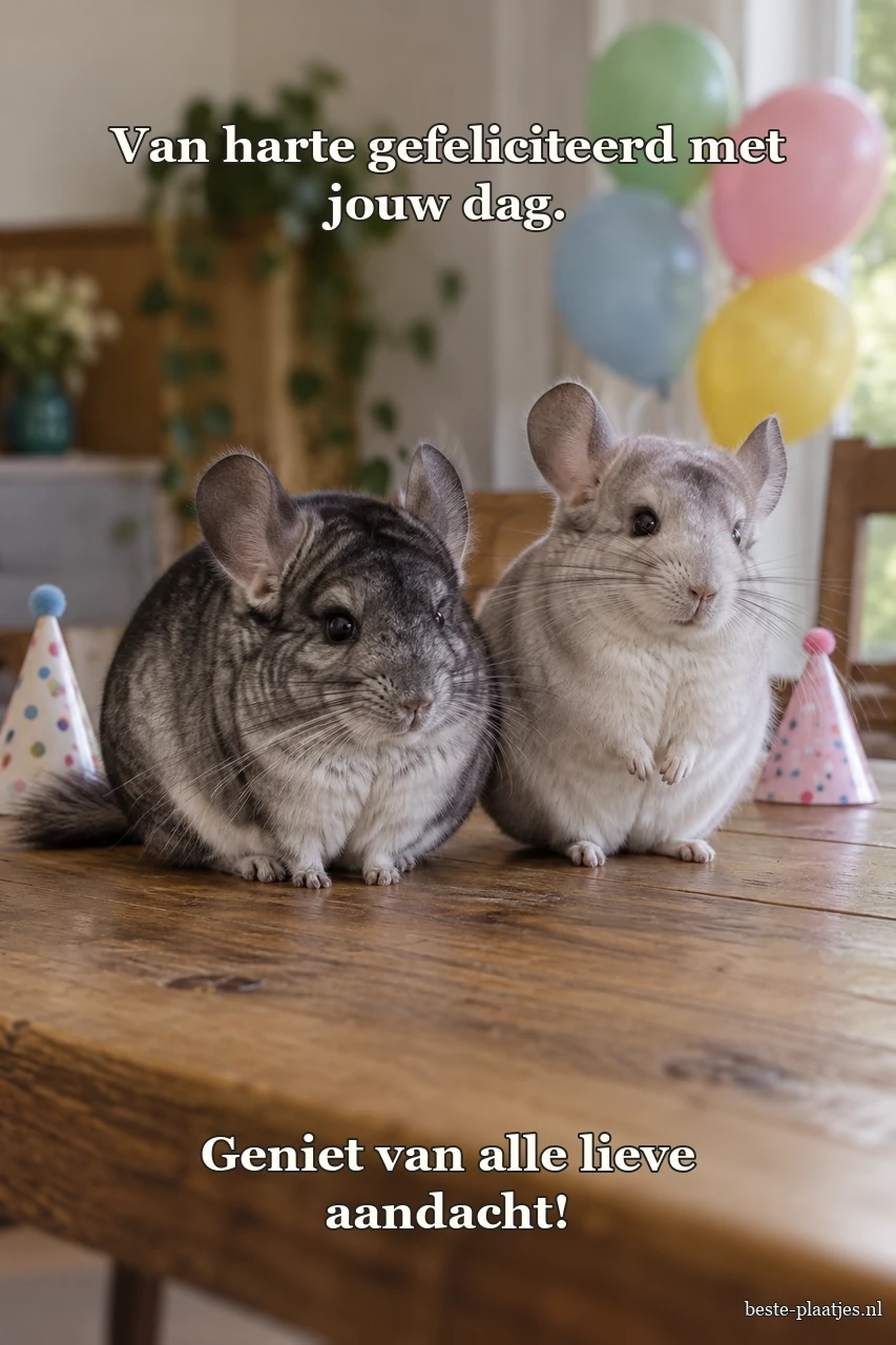Twee chinchilla's zitten naast feesthoedjes met ballonnen op de achtergrond.