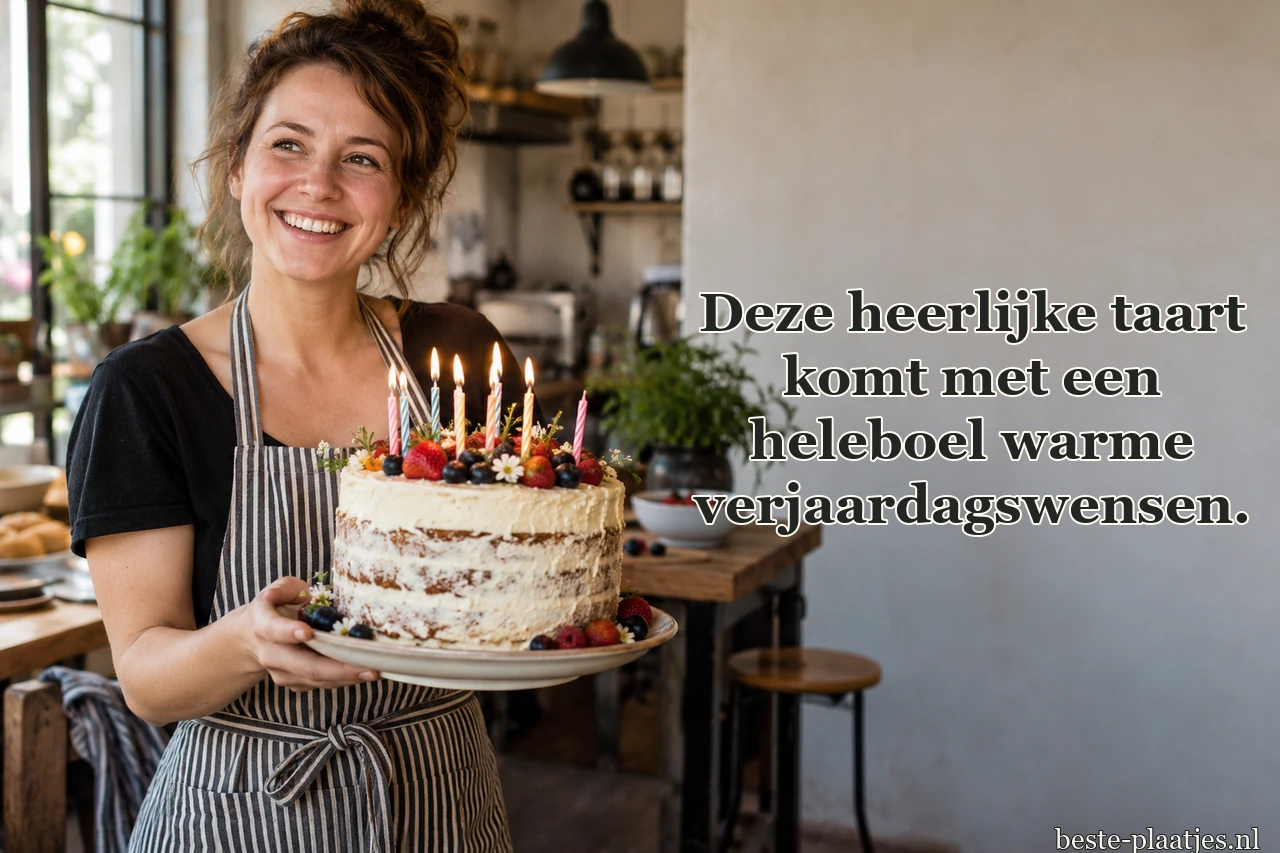Een glimlachende bakker draagt een taart door een kleine keuken.