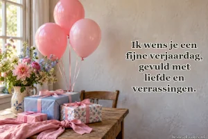 Roze ballonnen zweven boven ingepakte cadeaus en bloemen.