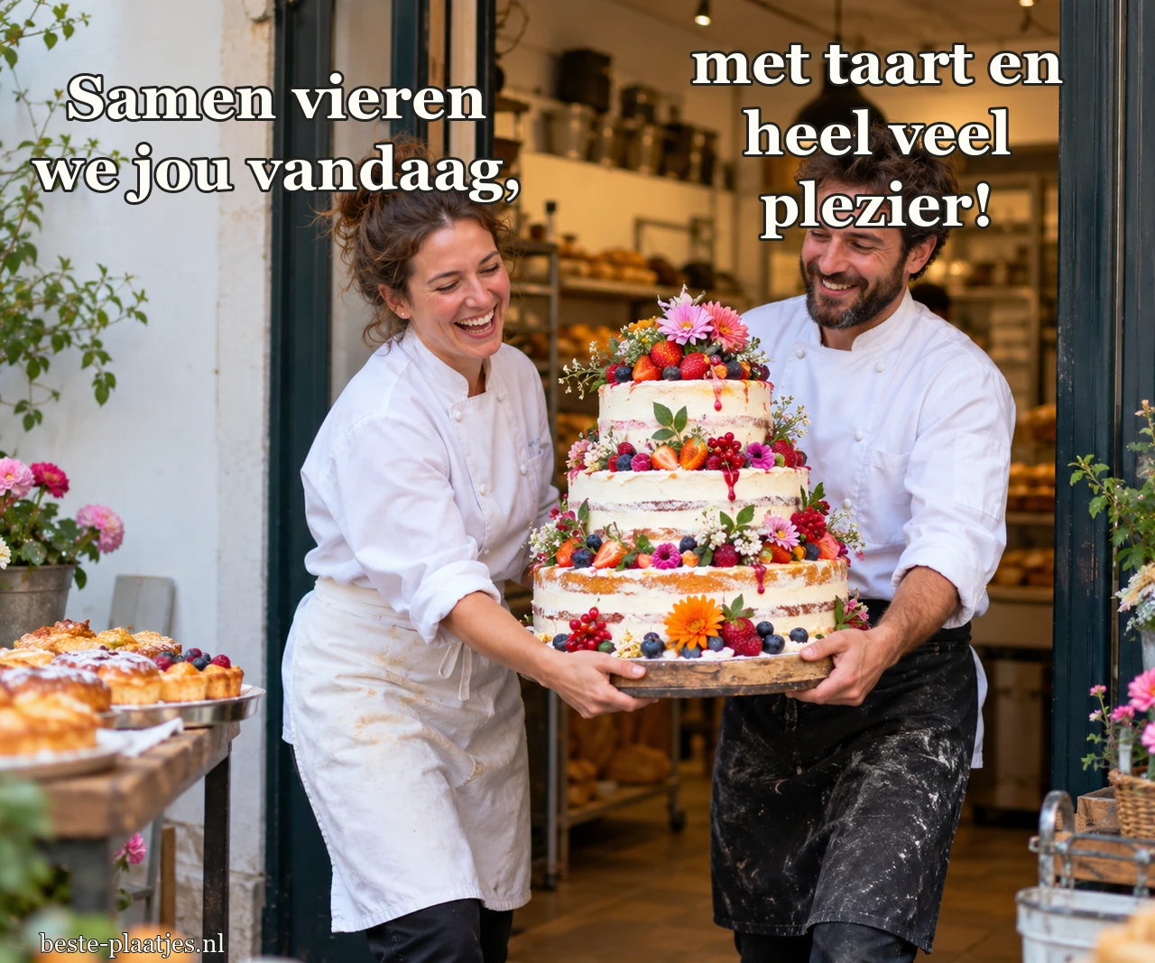 Twee bakkers dragen samen een hoge feesttaart voor hun bakkerij.