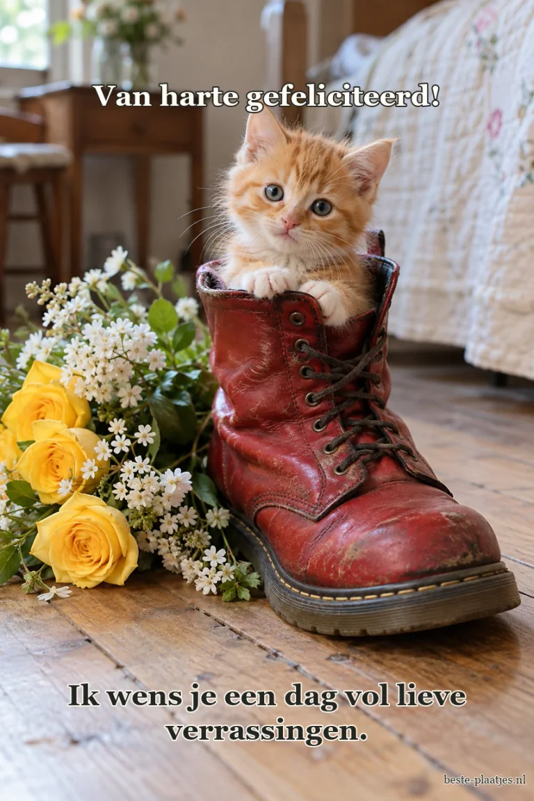 Een klein rood katje zit in een leren laars naast gele rozen.