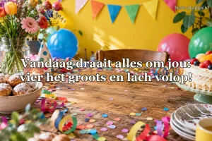 Een kleurrijke feesttafel is versierd met confetti en ballonnen.