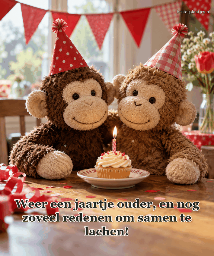 Twee pluchen aapjes zitten samen bij een verjaardagscupcake.