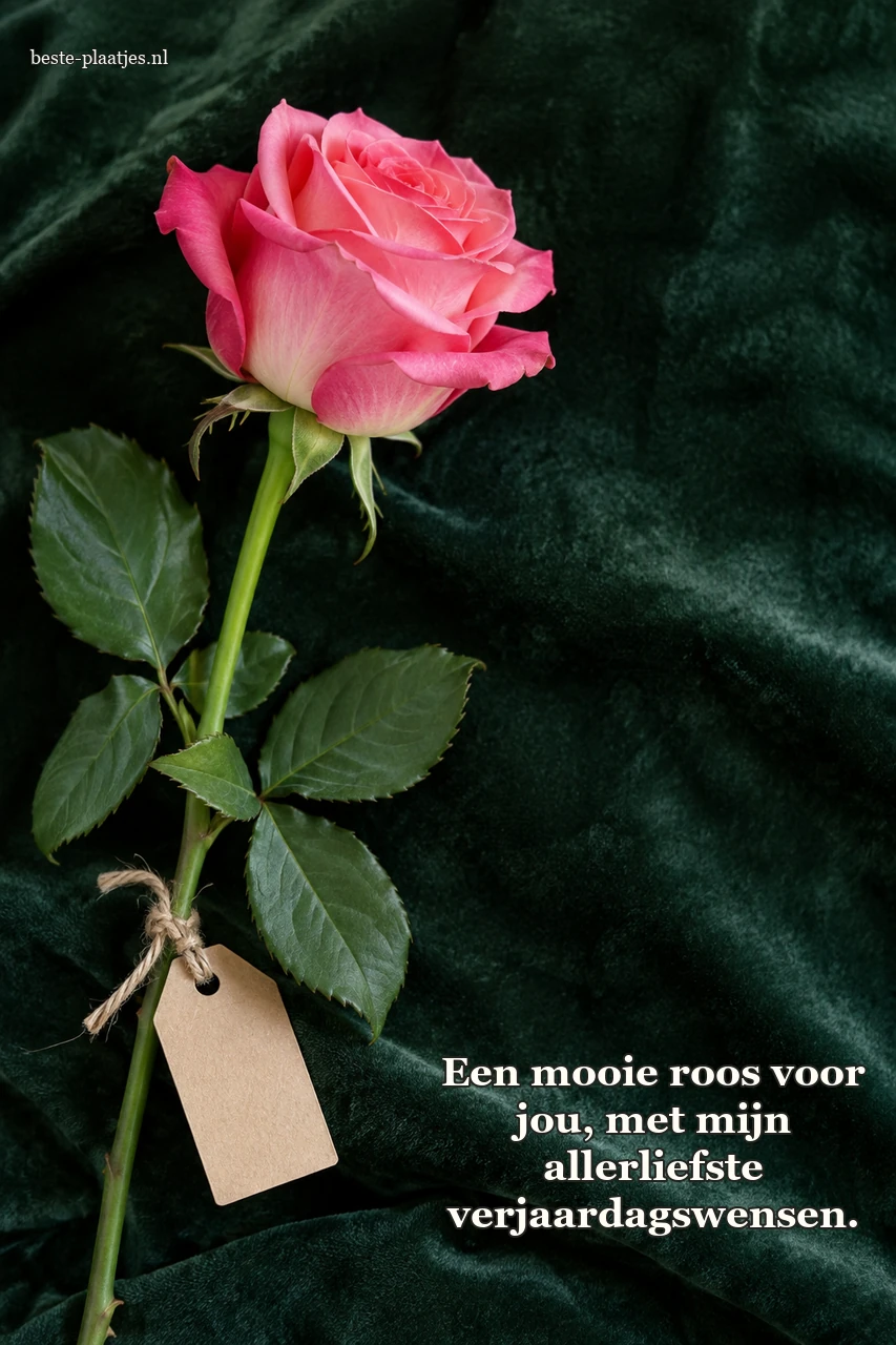 Een roze roos hangt tegen donkergroen fluweel met een cadeaukaartje.