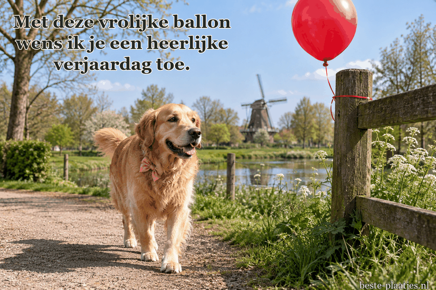 Een hond met roze strik loopt langs een rode ballon in het park.