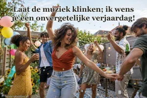 Vrienden dansen met ballonnen en confetti op een tuinfeest.