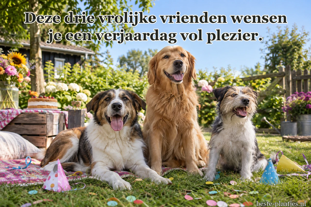 Drie honden zitten samen op het gras bij een verjaardagspicknick.