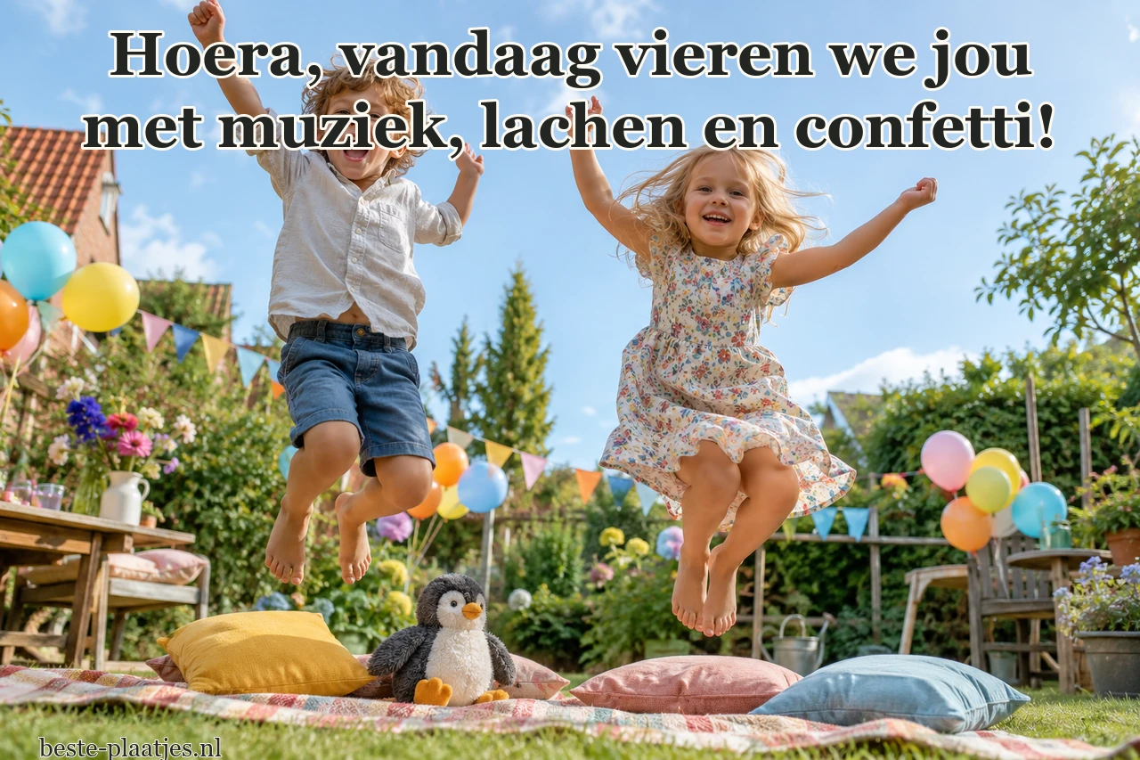 Twee kinderen springen op een tuinfeest naast een pluchen pinguïn.