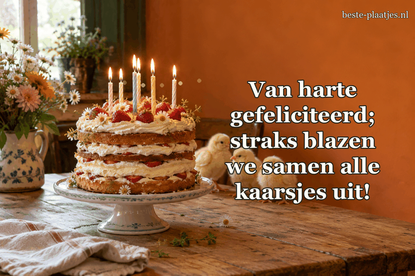 Een feesttaart met kaarsen staat bij drie kleine kuikens.