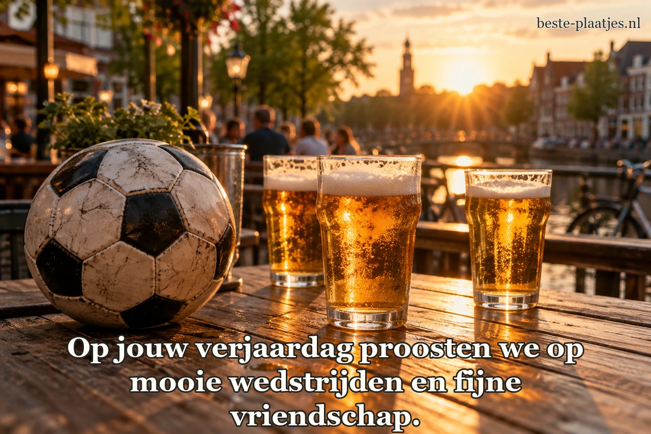 Een voetbal ligt naast glazen goudkleurig bier op een cafétafel.