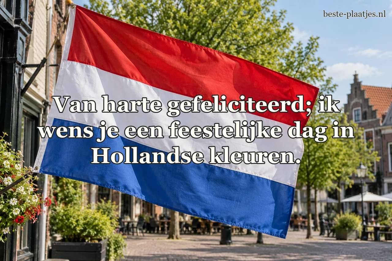Een Nederlandse vlag wappert in de zon op een stadsplein.