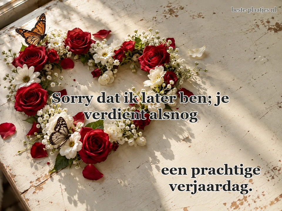 Een bloemenhart van verse rozen ligt op een lichte tafel met vlinders.