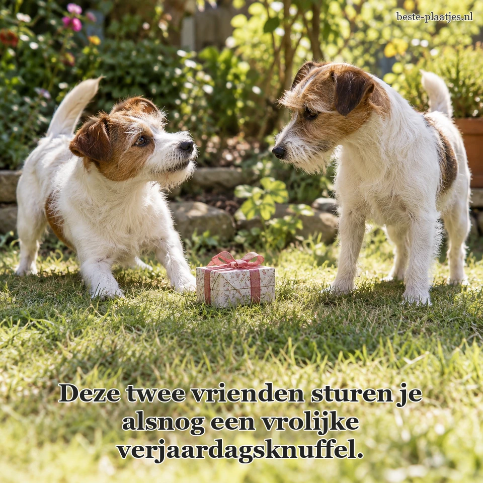 Twee kleine honden kijken elkaar aan naast een cadeautje in de tuin.