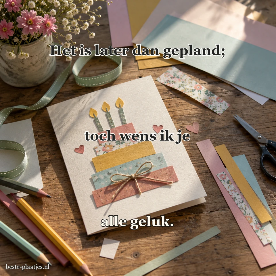 Een handgemaakte verjaardagskaart ligt tussen papieren linten en potloden.
