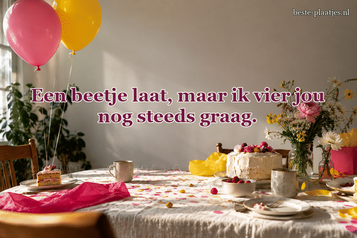 Ballonnen, taart en bloemen staan in een huiselijke feestkamer.
