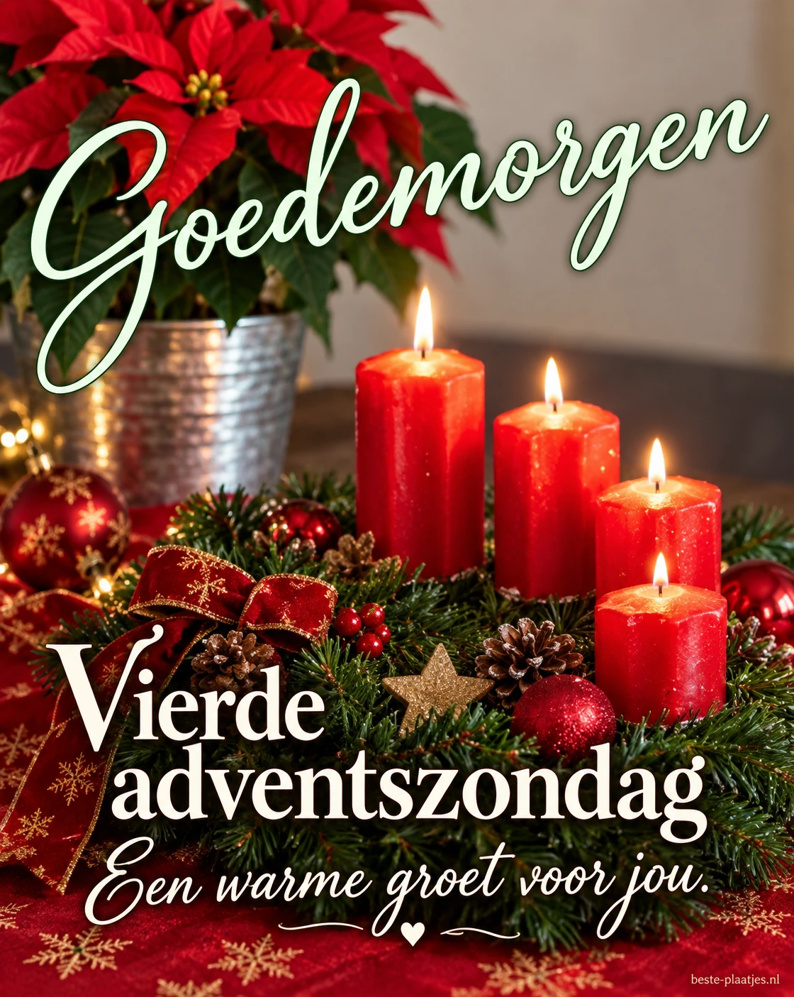 Een krans met vier rode kaarsen en een kerstster brengt een warme ochtendgroet.