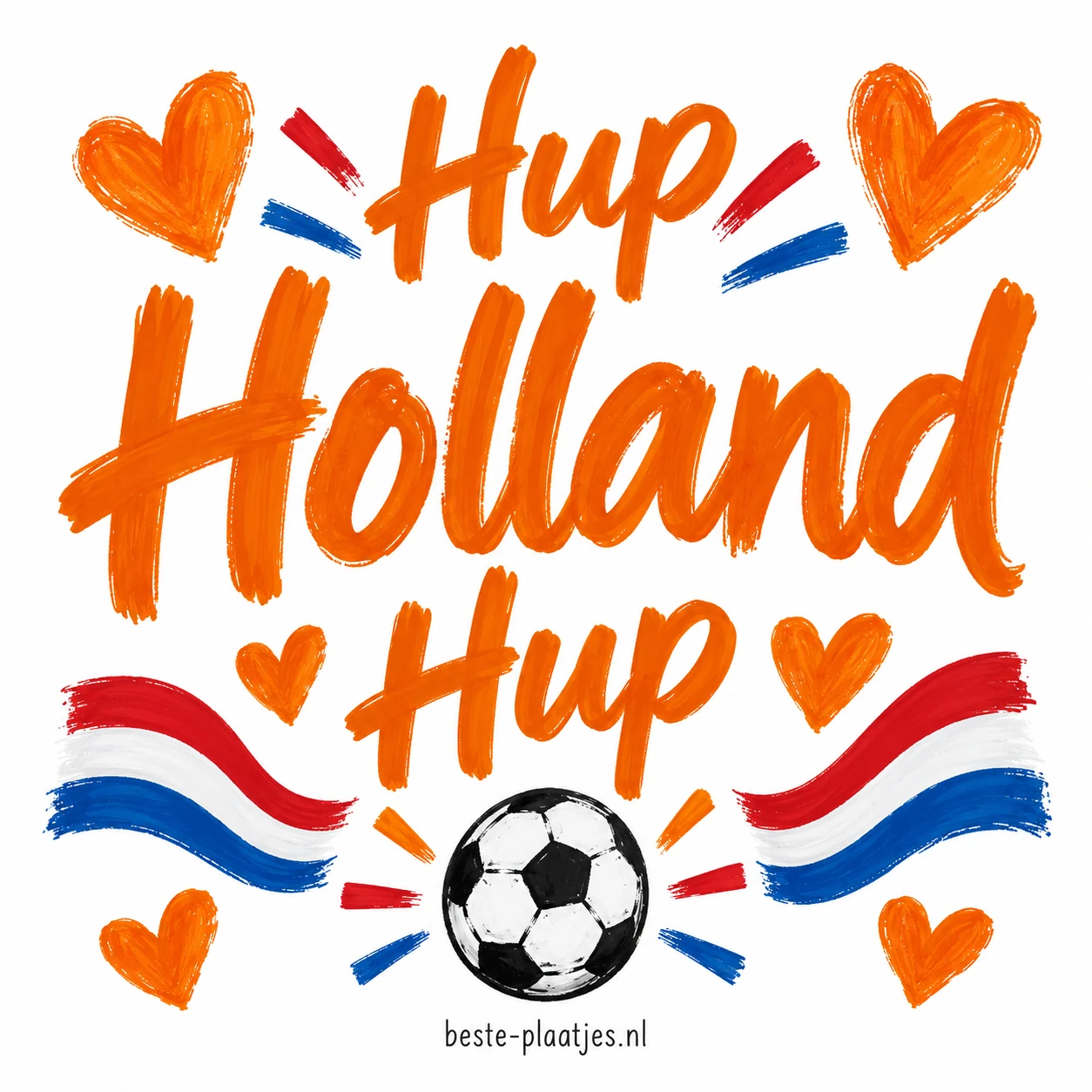 Oranje letters, hartjes en een voetbal vormen een vrolijke supporterskaart.