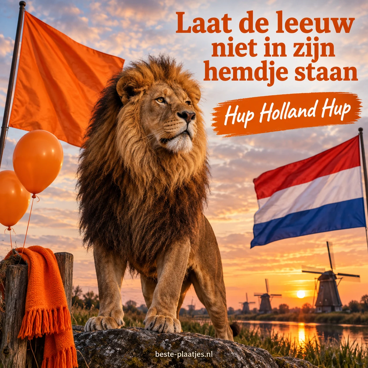 Een leeuw staat tussen oranje vlaggen en een Nederlandse driekleur.