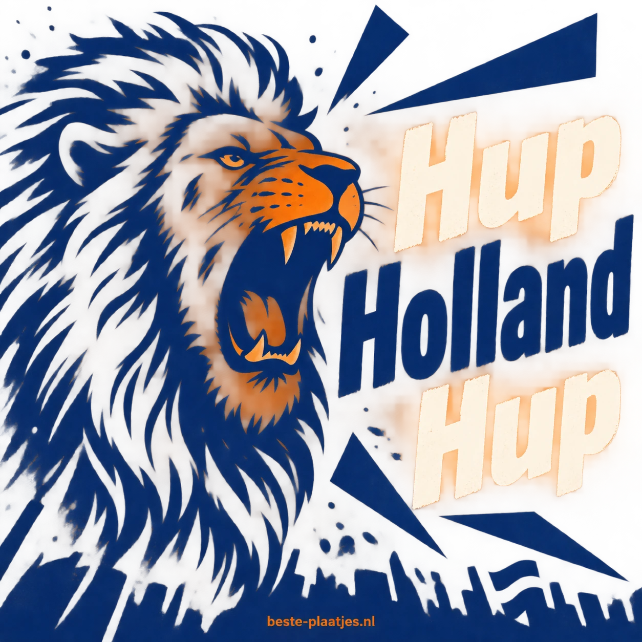 Een getekende blauwe leeuw brult op een fel oranje supportersposter.