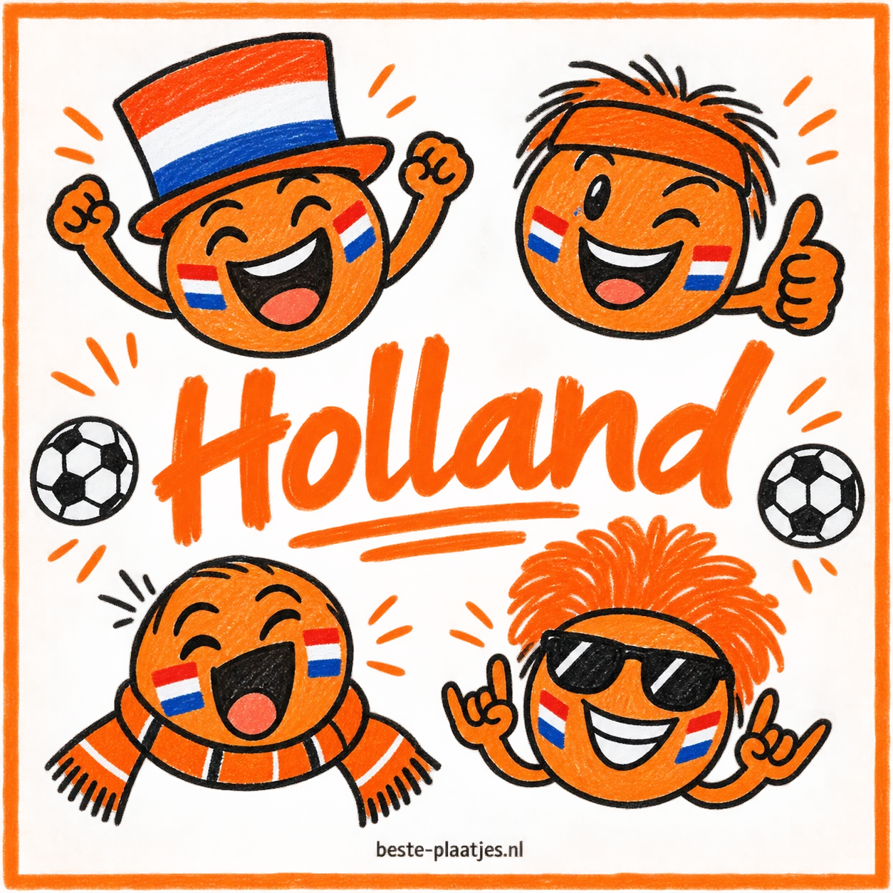 Vier getekende oranje supportersgezichten staan rond een voetbal.