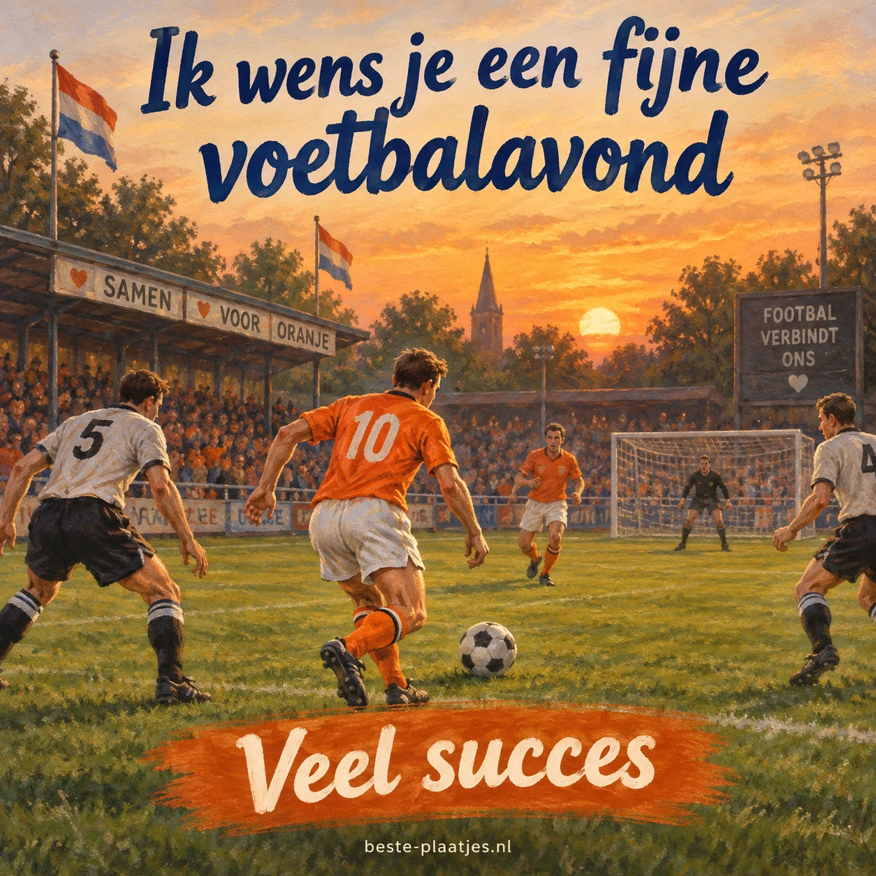 Voetballers in oranje shirts spelen op een nostalgisch grasveld.