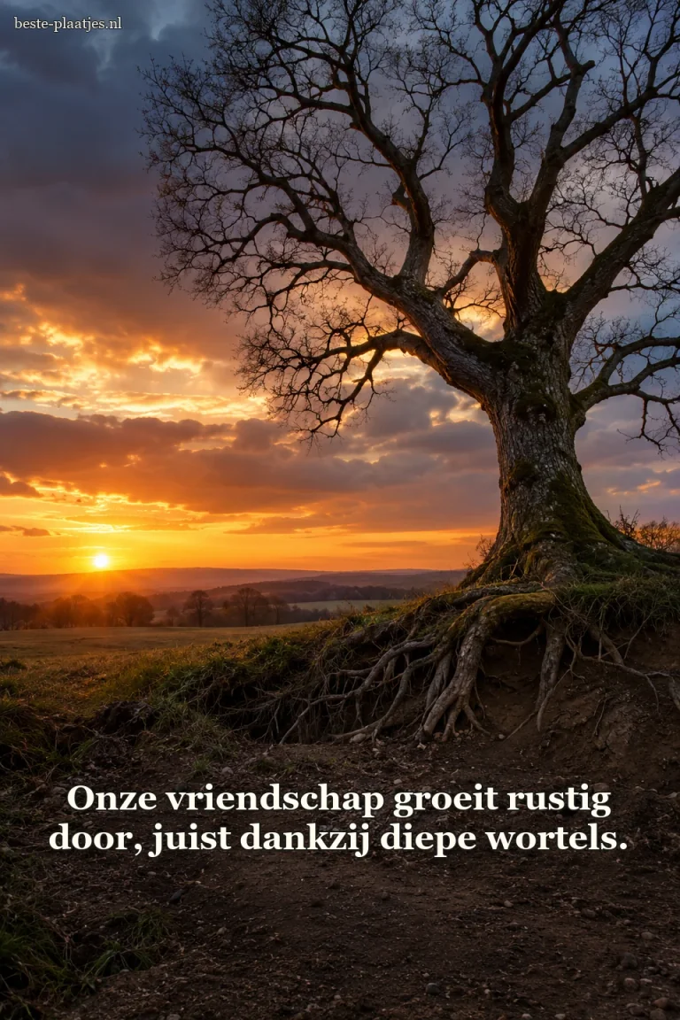 Een volwassen boom staat met zichtbare wortels tegen een zonsondergang.
