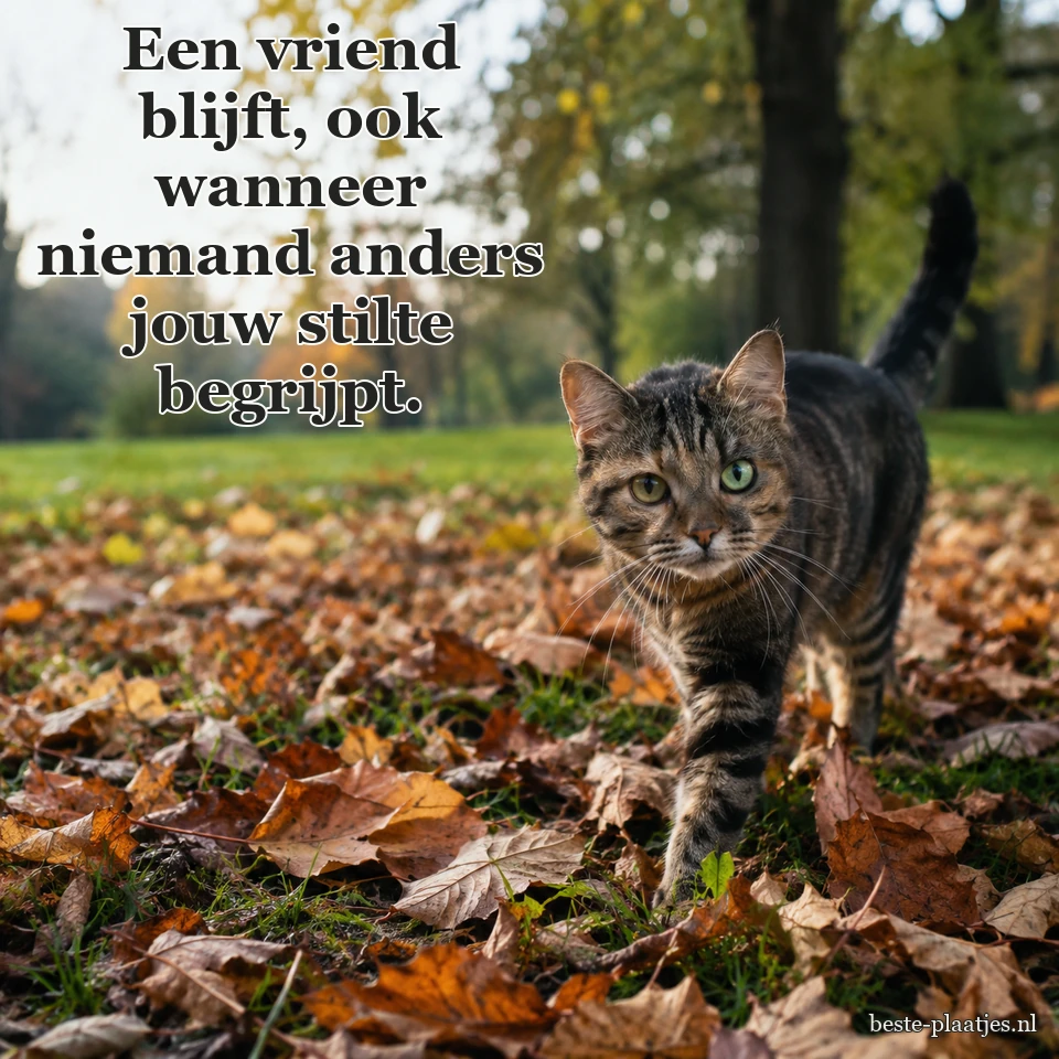 Een gestreepte kat loopt tussen gevallen bladeren in een park.