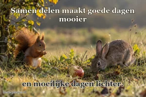 Een eekhoorn en een konijn zitten bij de rand van een weiland.