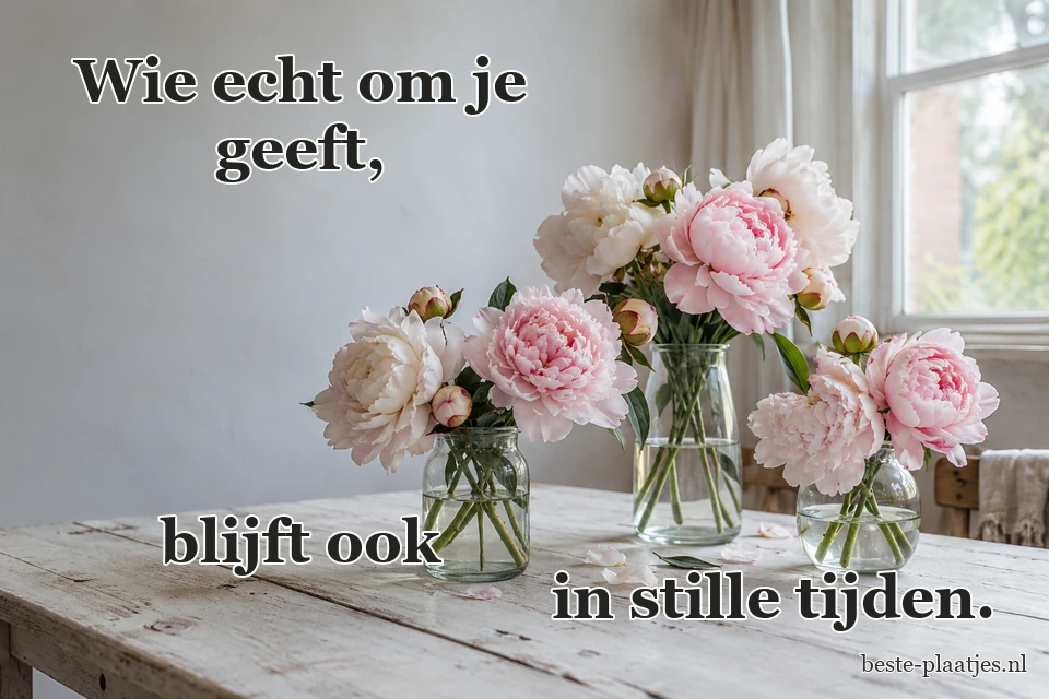 Lichtroze pioenrozen staan in drie eenvoudige glazen vazen.