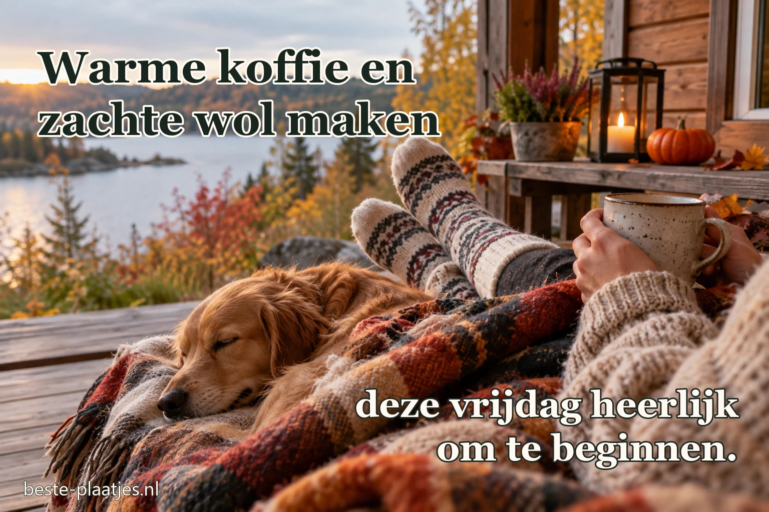 Een warme plaid, dikke sokken en een hond liggen bij een houten veranda.