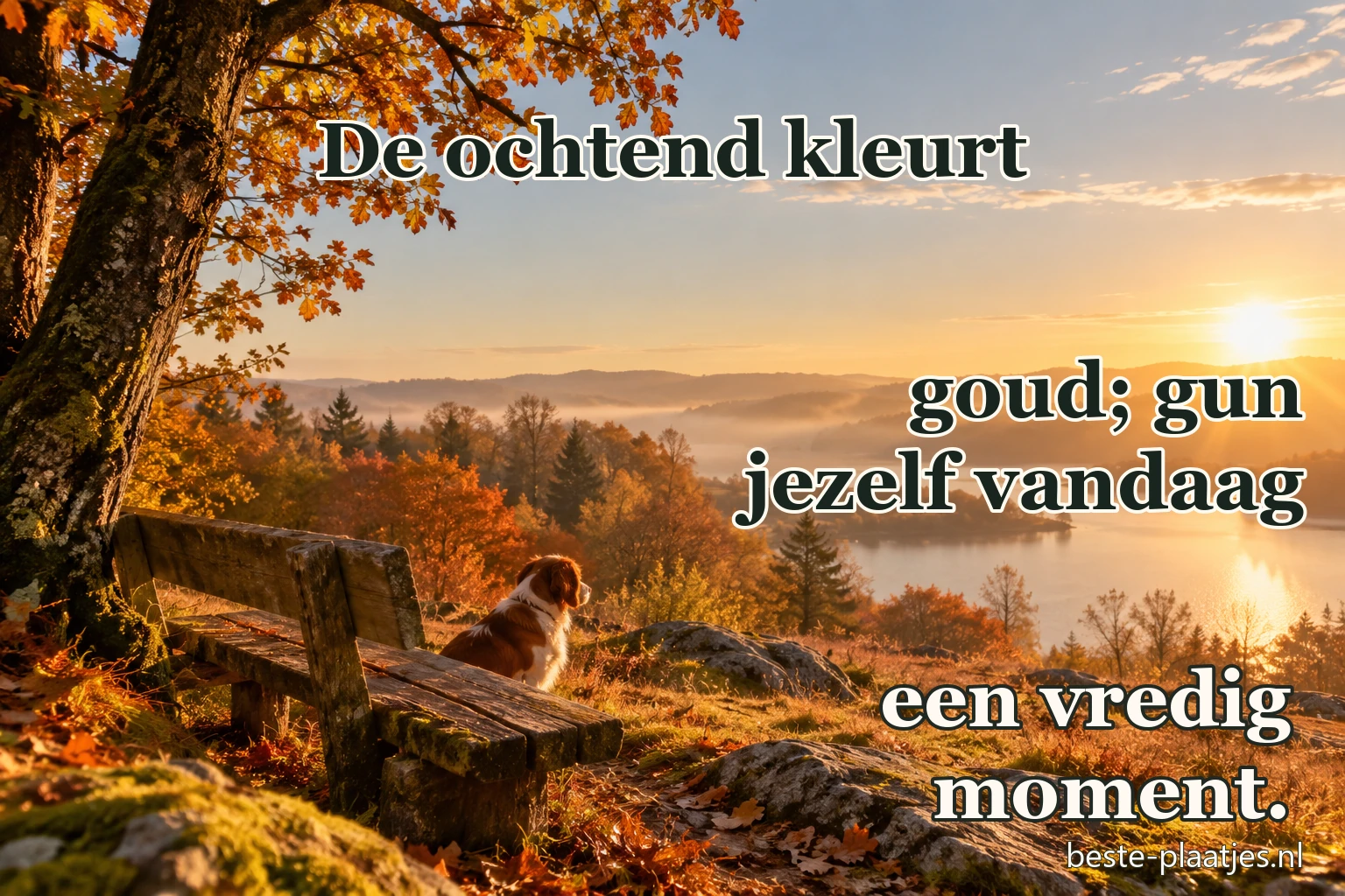 Ochtendzon verlicht een rustig landschap met bomen en een meer.