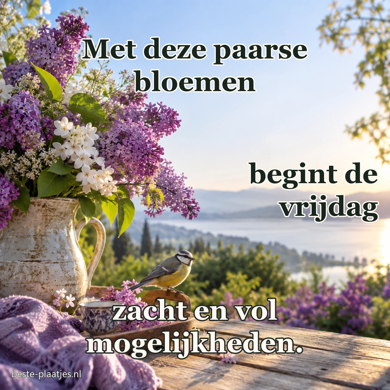 Een boeket paarse en witte bloemen staat bij een balkon.