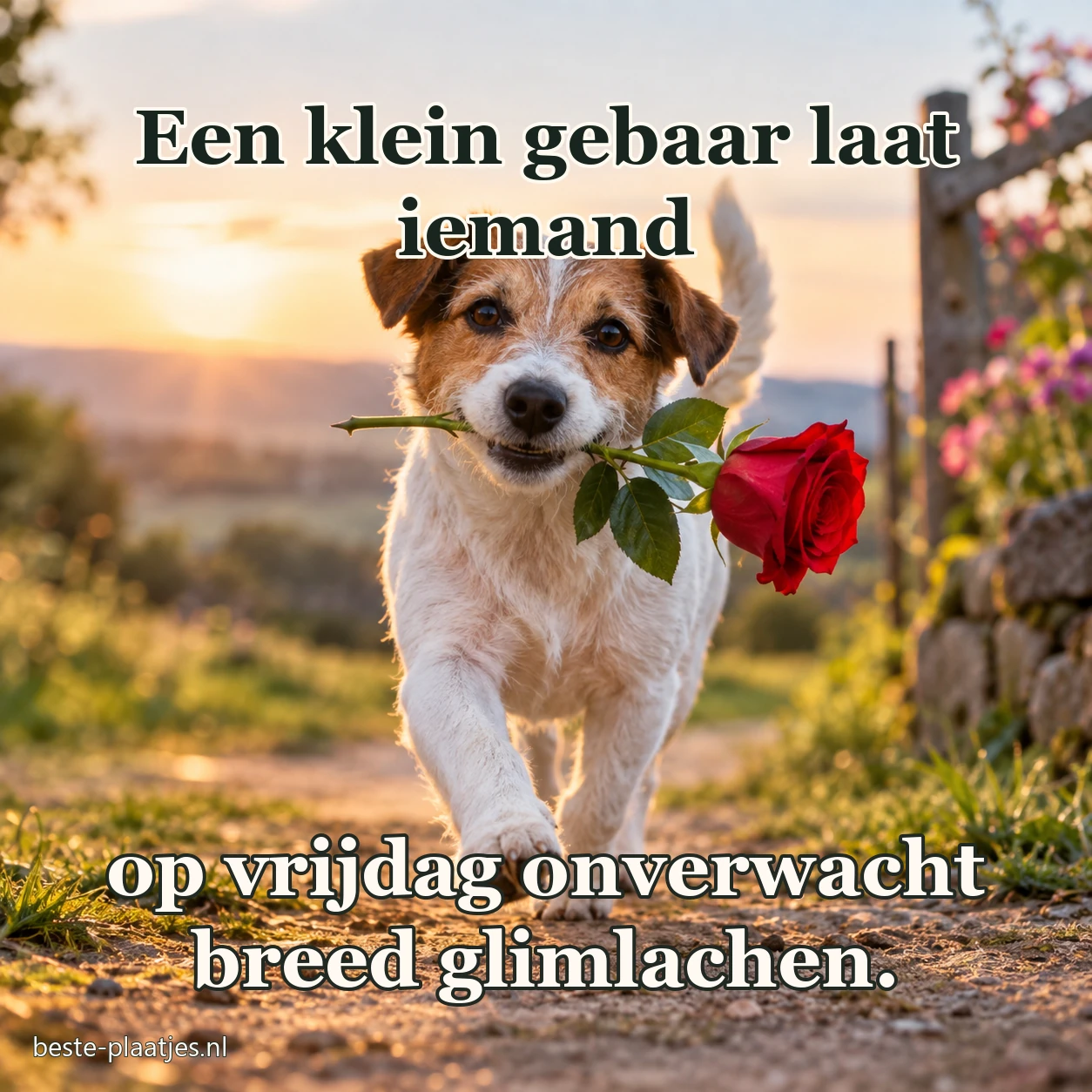 Een kleine hond loopt met een rode roos door de tuin.