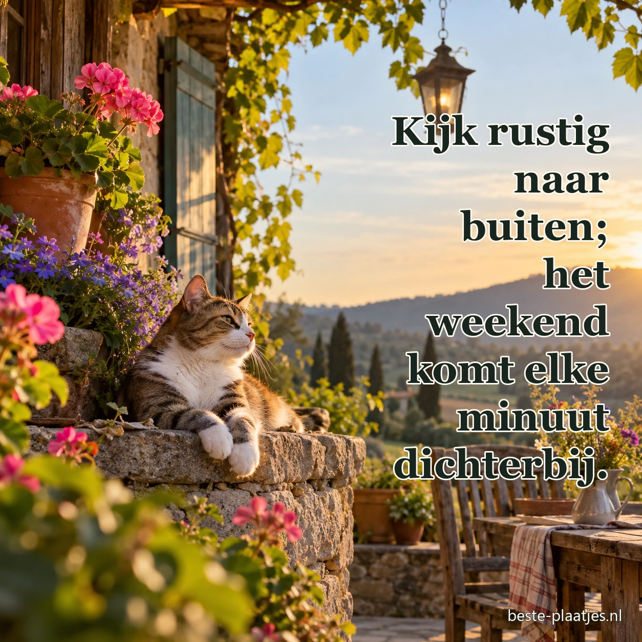 Een kat kijkt vanaf een tuinmuur over een landelijk landschap.