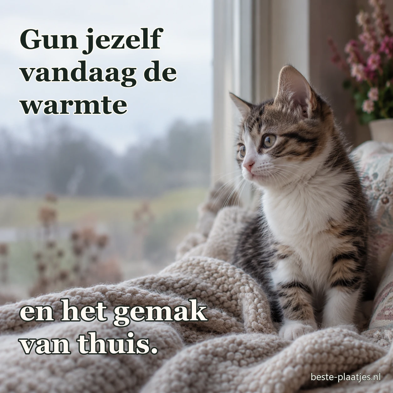 Een jonge kat zit in een deken bij een raam.