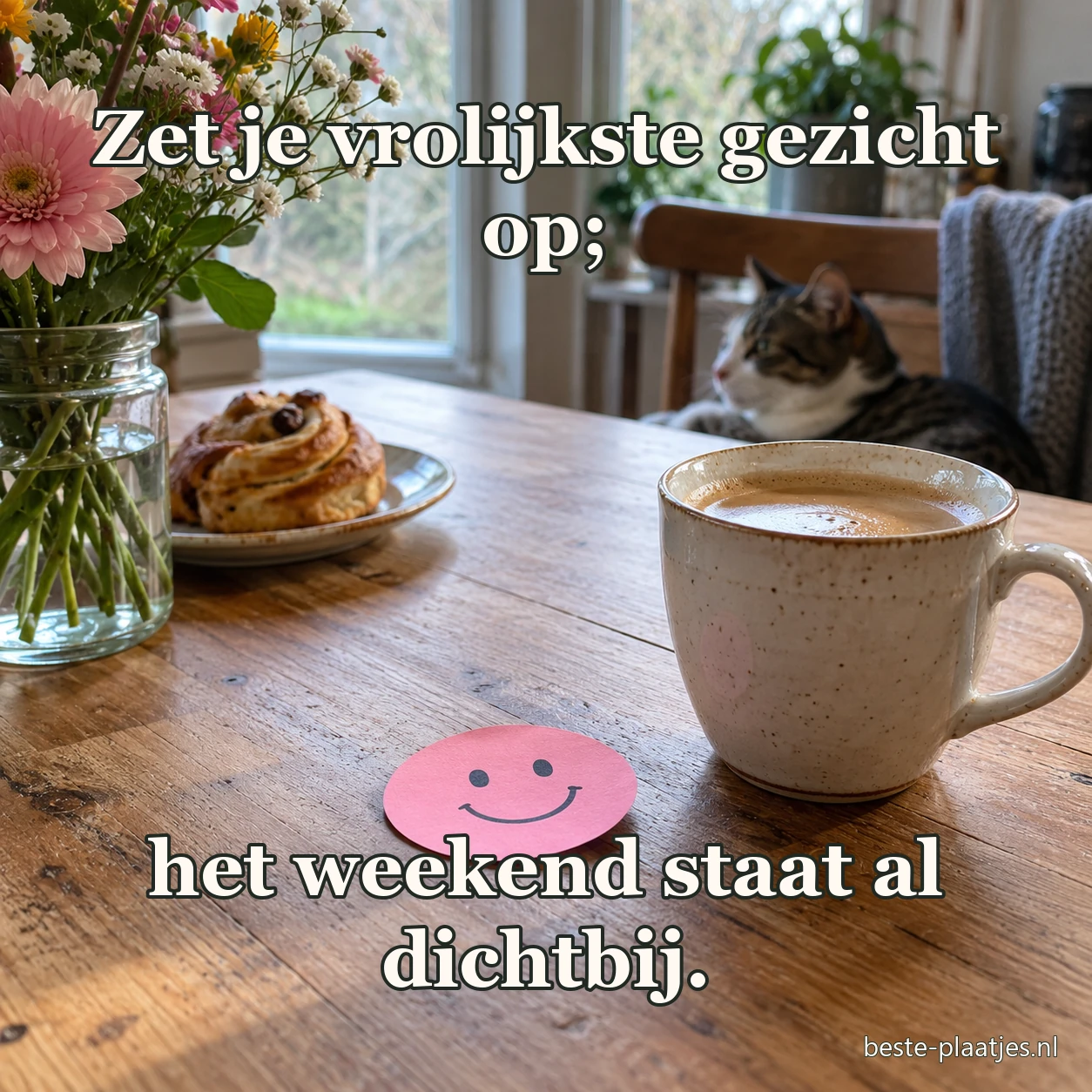 Een roze papieren glimlach ligt naast koffie op een houten tafel.