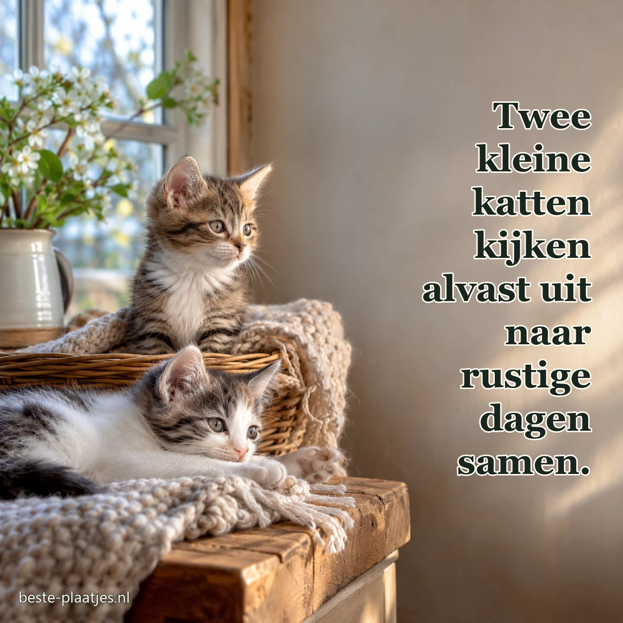 Twee jonge katten liggen samen op een deken bij het raam. Twee jonge katten liggen samen op een deken bij het raam.