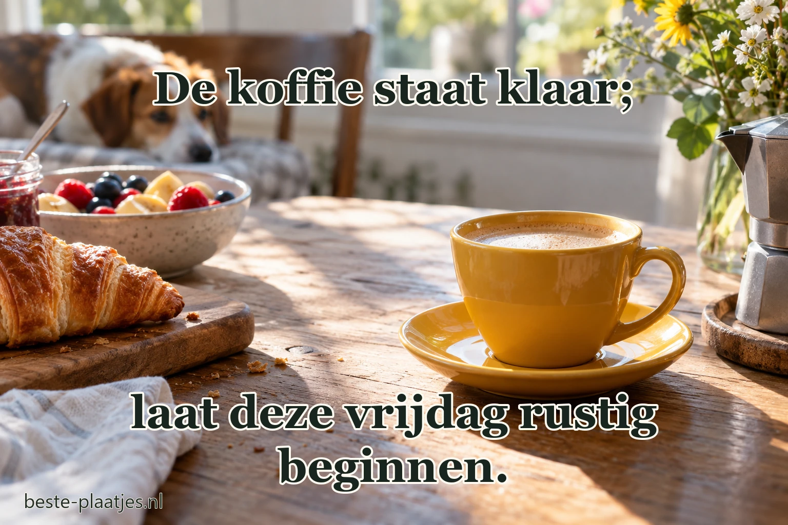 Een gele koffiekop staat naast ontbijt op een lichte tafel. Een gele koffiekop staat naast ontbijt op een lichte tafel.